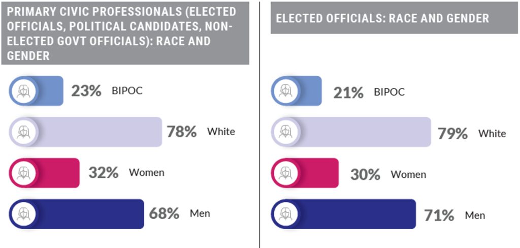 primary civic professionals (elected officials, political candidates, non-elected govt officials): race and gender. Elected officials: race and gender