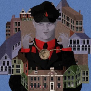 An animated image shows a forbidding male figure in official garb from Nazi-run Netherlands.